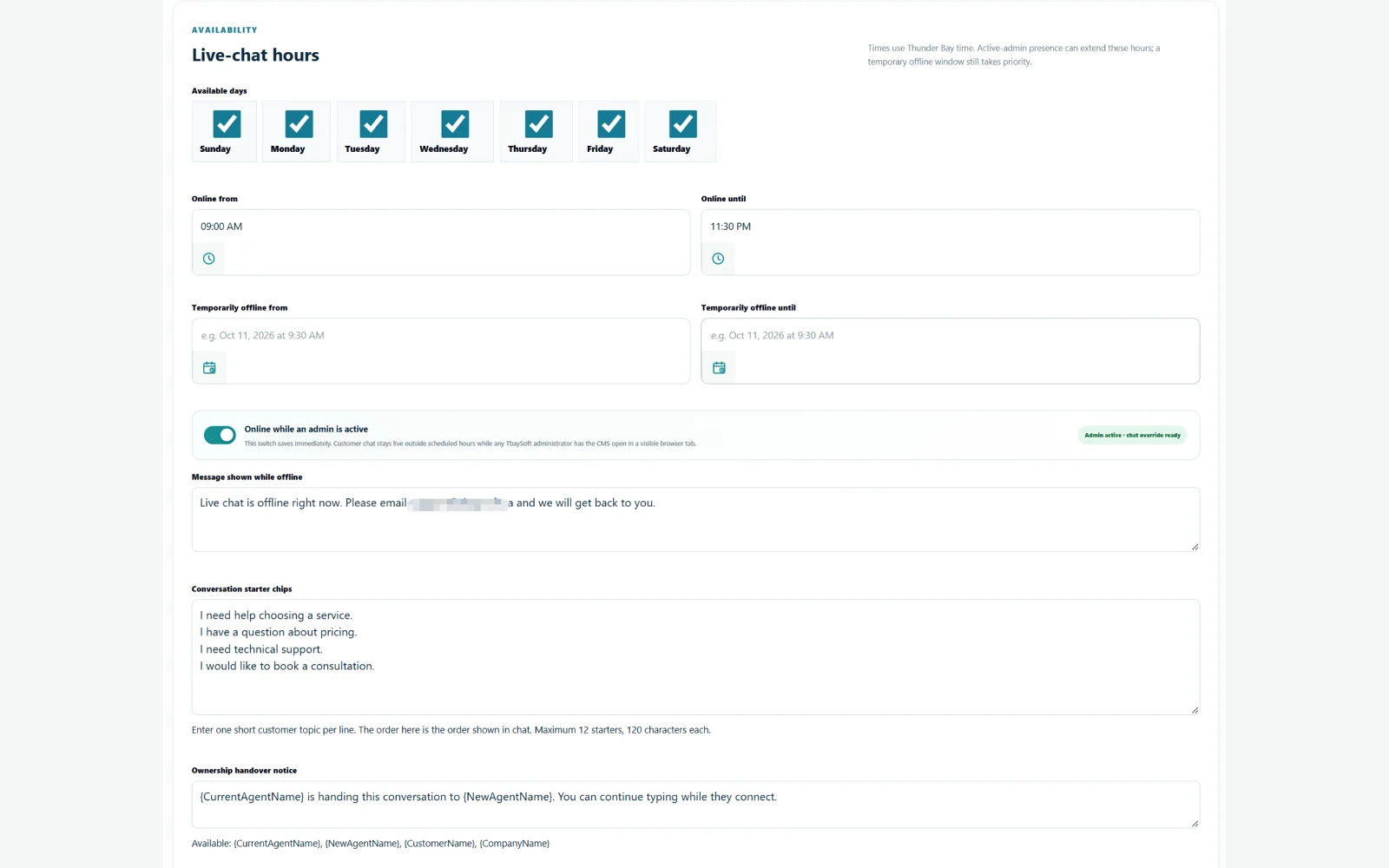 Support and Chat Configuration